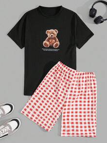 EURMUSE Męski T-shirt z krótkim rękawem i krótkim rękawem z nadrukiem niedźwiedzia oraz krótki zestaw do wypoczynku - Brązowy - Zobacz 2