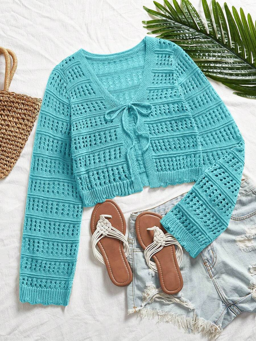 Travachic 女士度假款透明系带开衫 - 藍色 - 查看 1