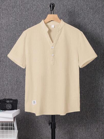 SHEIN Teen Boys' Beige Casual Vacation Shirt, Comfortable, Fashionable, Versatile, Soft, Suitable For Daily Wear, School, Travel, Beach Holiday