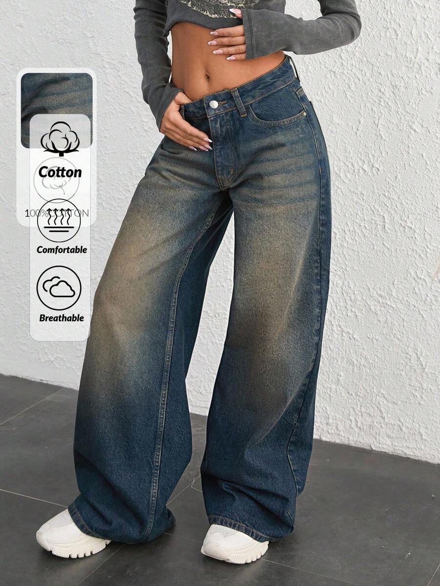 CasuGlow 女士宽腿低腰牛仔裤 Y2K 街头风格 - 深色水洗藍 - 查看 1
