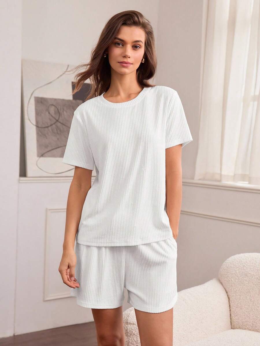 Hanevo Women's Casual Summer All White Loungewear Set,Ribbed Knit Round Neck Short Sleeve T-Shirt And Drawstring Waist Slant Pocket Shorts Set,Autumn Sports - White - View 1