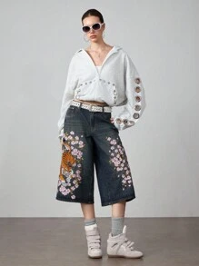 ROMWE Grunge Punk 复古 Y2K 街头中国风虎纹花卉刺绣宽松阔腿牛仔裤，男女通用 - 藍色 - 查看 3