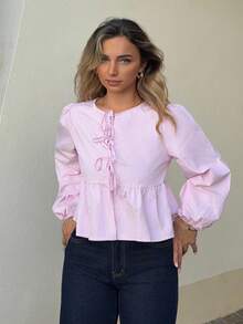 Jeta Ari 女式条纹系带下摆长袖圆领衬衫、长袖上衣 - 粉色 - 查看 1