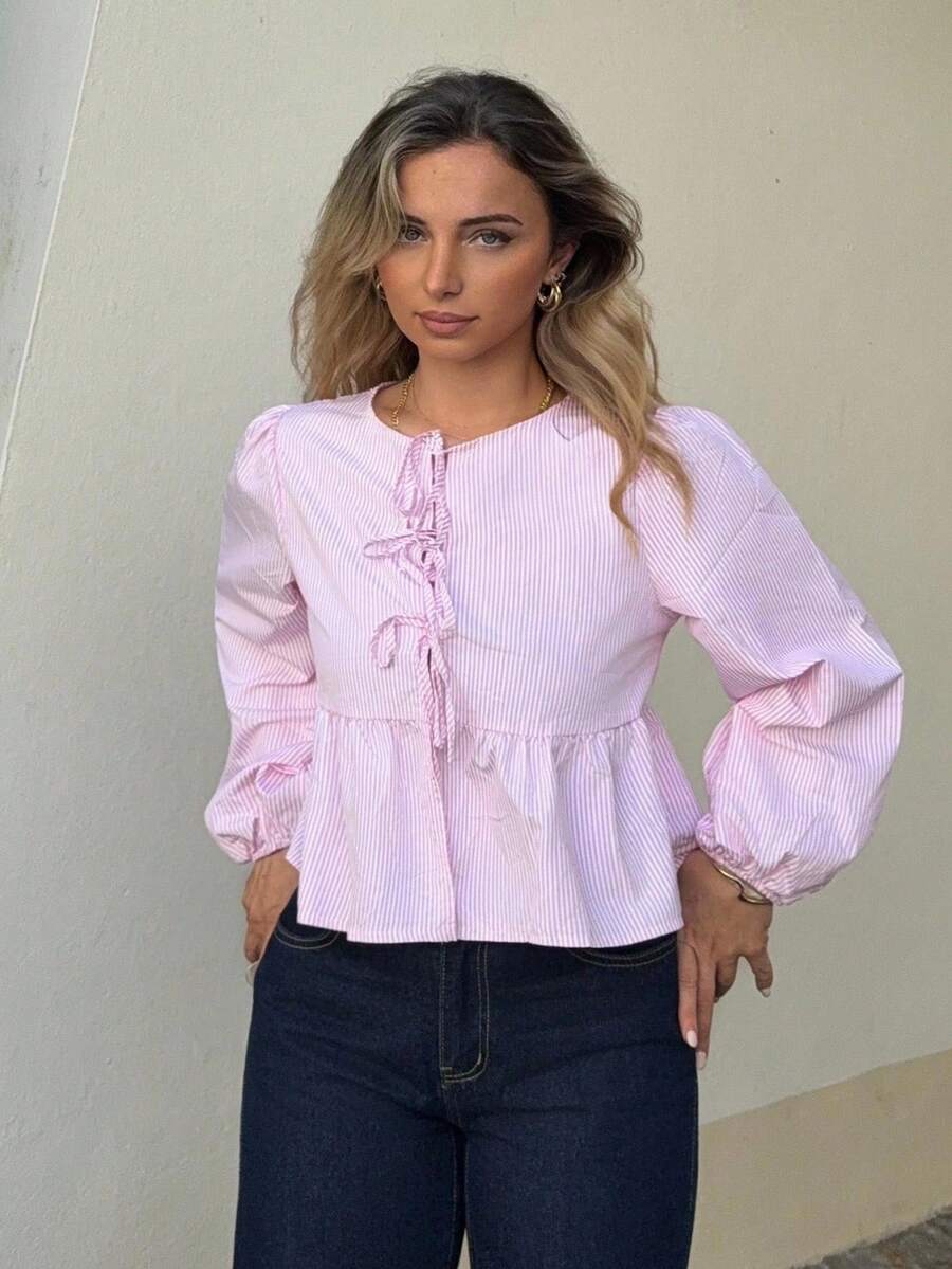 Jeta Ari 女式条纹系带下摆长袖圆领衬衫、长袖上衣 - 粉色 - 查看 1