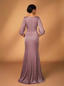 Serin Váy đuôi cá bằng vải satin nhún bèo cổ lọng thêu ren sang trọng thanh lịch, thích hợp cho đám cưới, tiệc tùng, kỳ nghỉ, dạ hội, váy dạ hội, mẹ cô dâu - Cà phê nâu - Xem 4