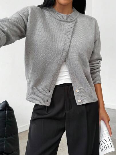 Celisse Grey Crew Neck Asymmetrical Hem Long Sleeve Sweater, Elegant Design, Versatile & Casual, Suitable For Multiple Occasions