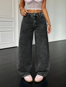 SHEIN PETITE 90年代女款基礎休閒寬鬆藍色牛仔褲 蝴蝶結牛仔褲 返校牛仔褲 韓系時尚 寬鬆女牛仔褲 蝴蝶結牛仔褲 高個女款/嬌小女款 - 黑色 - 查看 4