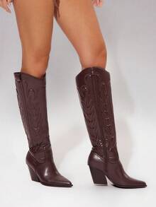 Solezae Women's Glamorous Comfortable Pointed Toe Block Heel Embroidery Knee High Boots - Maroon - View 3