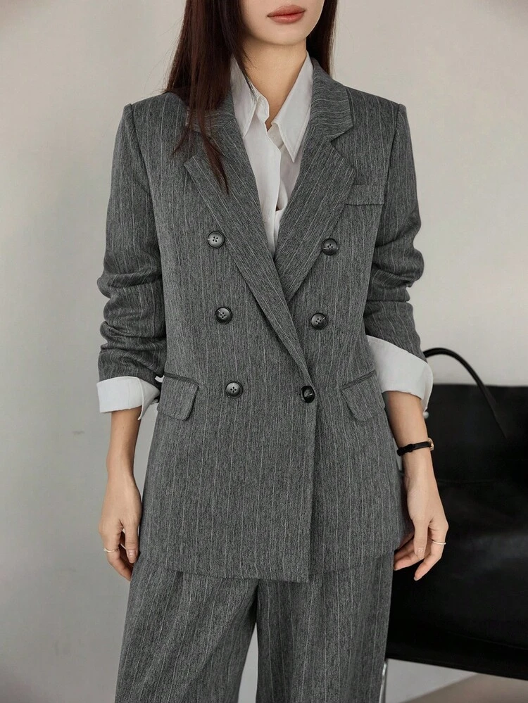 Women's Business Casual Floral Pattern Suit Set, Loose Fit Blazer Jacket And Straight Leg Pants, Suitable For Office Commute In Autumn And Winter