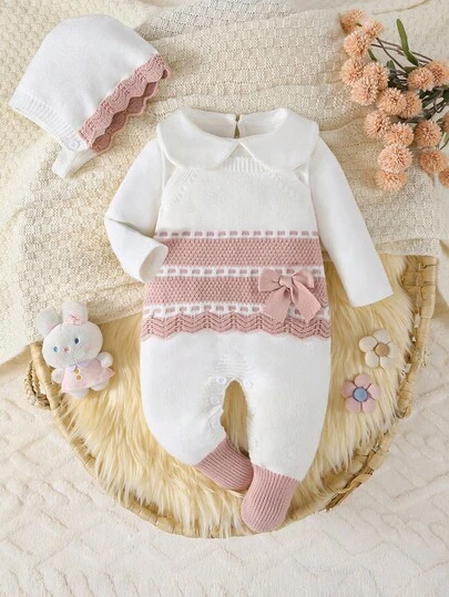 SHEIN Enterizo de punto para bebé recién nacido, mono con pies adecuado para otoño/invierno, blanco y color contrastante, de moda y versátil, apto para uso diario, salidas y viajes