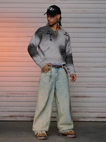 AXEPEAK Men's Ombre Distressed Cross Pattern Knit Sweater , Fall Winter - Grey - View 4