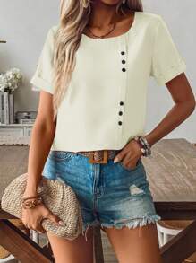 EMERY ROSE 休闲纽扣装饰纯色短袖衬衫，春夏