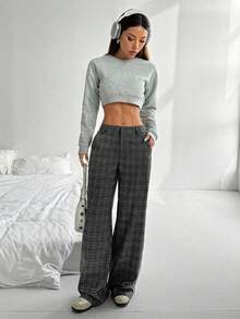 Flirla Tall Women's Extra Long Plaid Dark Grey Casual Loose Comfortable Pants, Suitable For Commuting - Dark Grey - View 5