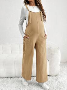 SHEIN 孕妇休闲可调节肩带宽松连体裤 - 卡其色 - 查看 1