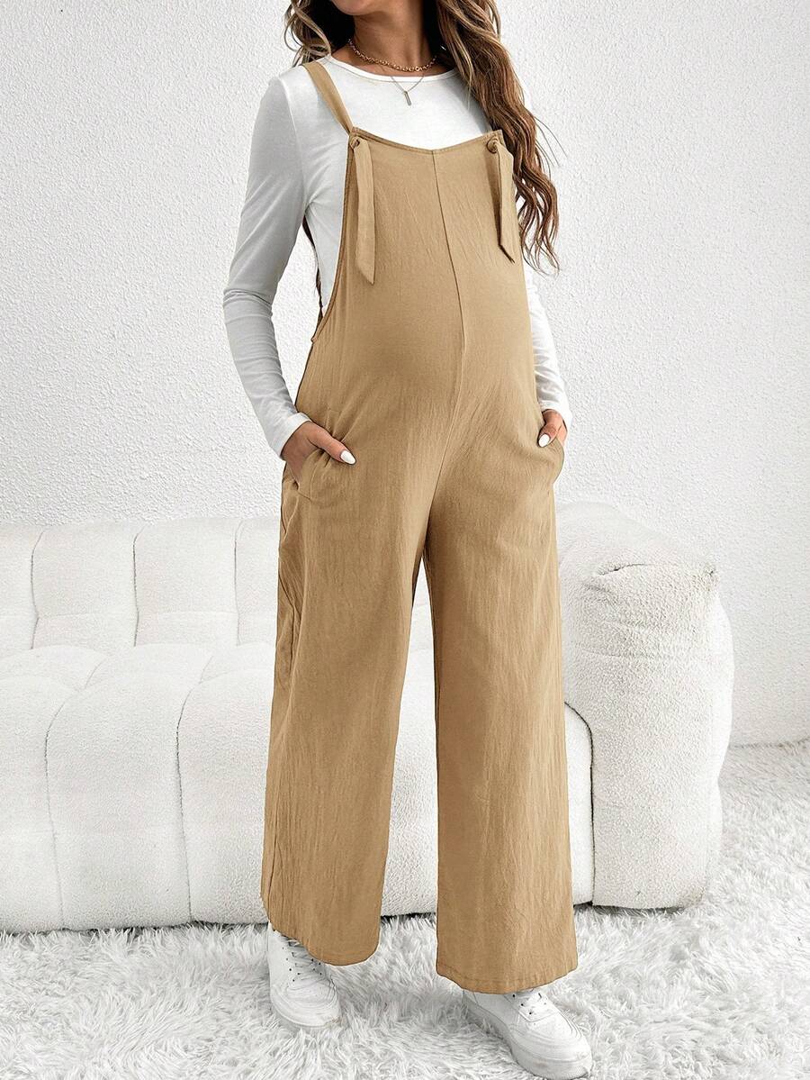 SHEIN 孕妇休闲可调节肩带宽松连体裤 - 卡其色 - 查看 1