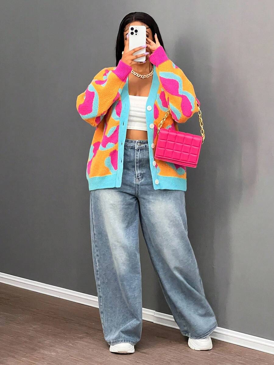 Slaydiva 豹纹宽松圆领长袖女式毛衣，冬季 - 彩色 - 查看 1