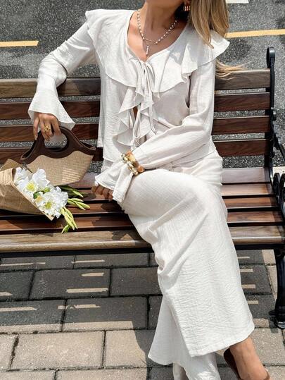 SHEIN Frenchy 女士优雅通勤纯色荷叶边衬衫和裤子两件套