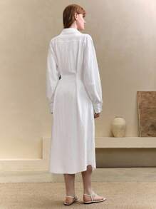 Arave 法式优雅通勤女士V领灯笼袖收腰衬衫裙 - 白色 - 查看 4