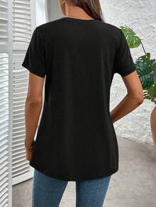 SHEIN Clasi Áo thun tay ngắn rộng rãi màu trơn cổ chữ V thường ngày dành cho nữ - màu đen - Xem 2