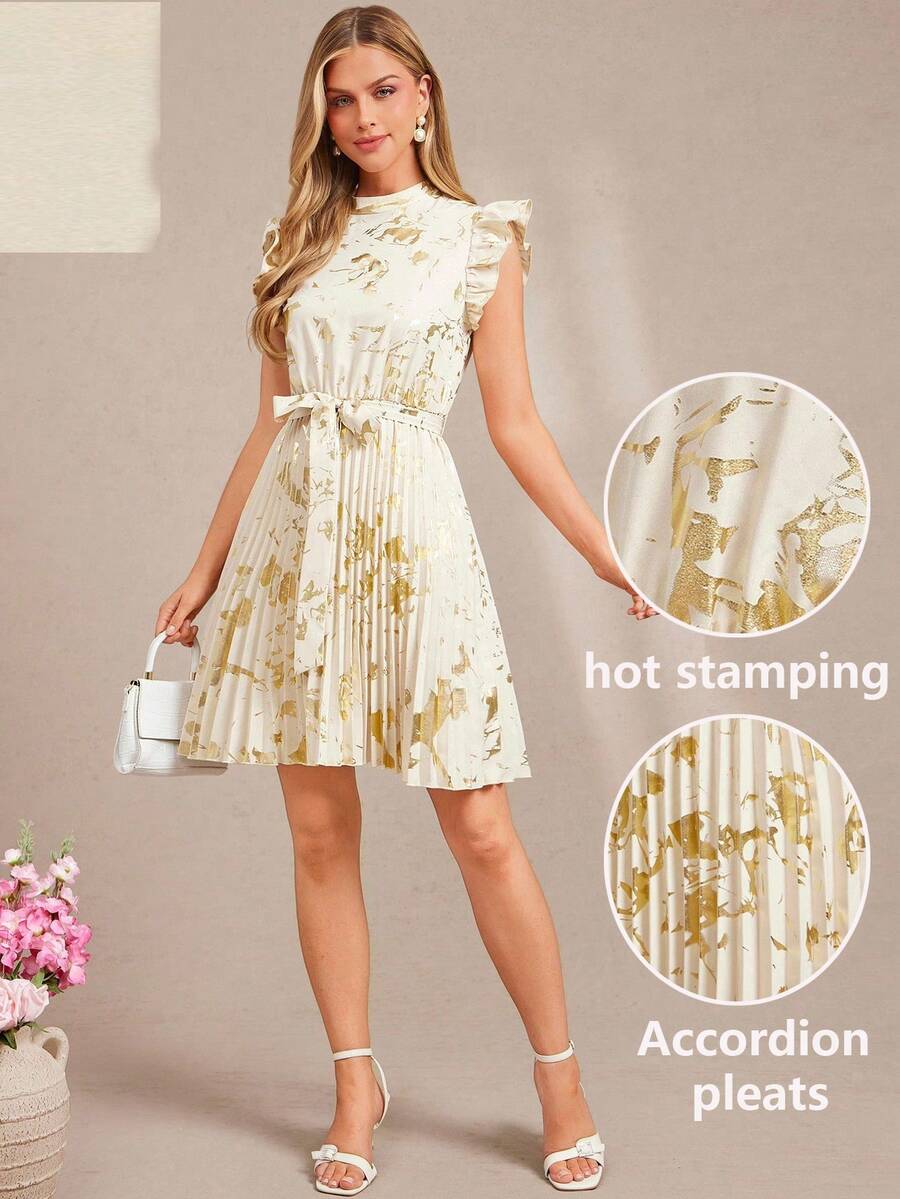 Amorya Women's Elegant Gold Foil Print Pleated Summer Dress