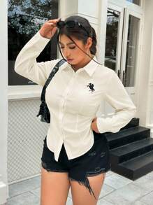 SHEIN EZwear Áo sơ mi dài tay ôm vừa vặn thời trang công sở đa năng dành cho nữ cỡ lớn - Màu be - Xem 5