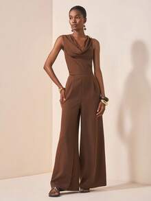 Zivah 2025 Autumn New Music Festival, Easter, St. Patrick's Day, Western, Nomadic, Birthday Party, Graduation, College Style, Student Wear, Daily Casual, All-Match Versatile, Leisure, Vacation, Cruise Travel, Beach, Sunbathing, Viral , Streetwear, Wedding Guest Boho, Commute, Brunch, Airport, Plunging Neckline Floral Metal Decor Sleeveless Brown Linen Textured Crinkle Fabric Wide Leg Jumpsuit