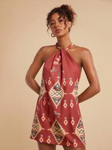 Travachic Vacation Woven Women's Geometric Print Pleated Halter Mini Dress Fall Outfits Women Winter Clothes For Women Halter Neck Dress For Women Juneteenth Dress Scarf Dress Havana Nights Outfit Printed Halter Dress,Casual Woman Style, Fall Outfits For Women, Chic Autumn,Going Out Outfit,Elegant Outfits,Country Style For Women, Beach Wedding Guest Dress,