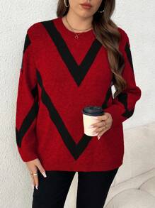 Elenzga Femmes grande taille, pull tricoté jacquard à col rond, manches longues, style décontracté et amincissant. Automne/Hiver - Rouge - Voir 6