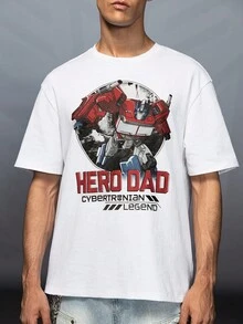 Transformers X SHEIN Men's Casual Fashion Street Robot & Letter Print Short Sleeve White T-Shirt, Summer - White - View 5