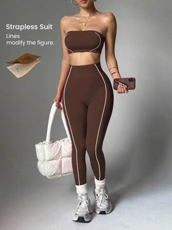 Slayform Women's Seamless Pink Striped Sports Set, Crop Top And Leggings Brown Workout Set Brown Two Pieces Set Brown Yoga Set Strapless Workout Set Seamless Workout Set Brown Two Pieces Set Women Brown Strapless Workout Set Brown Athletic Set Women Brown Tights Set Strapless Activewear Set Brown Tights Two Pieces Set