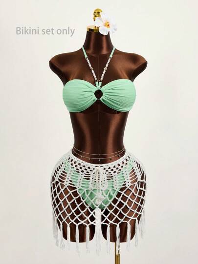 Set de bikini en ras-du-cou ruché avec bague pour plage d'été