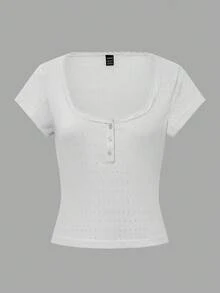 Vionelle Plus Size Women's Sweet Lace Trim Short Sleeve T-Shirt, Slim Fit 3-Button Casual Pink Tee Tops Summer White Lace Trim Top White Button Down Top White Summer Top Cute White Top - White - View 5