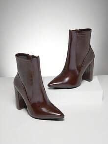 SHUZIA 女士迷人性感尖头侧拉链粗跟袜靴 - 巧克力棕 - 查看 3