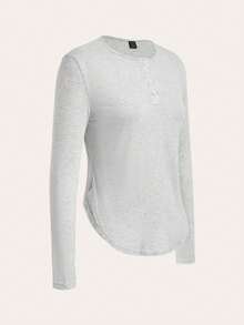 SHEIN Essnce 女款休閒寬鬆風弧形下擺長袖T恤上衣 - 灰色 - 查看 3