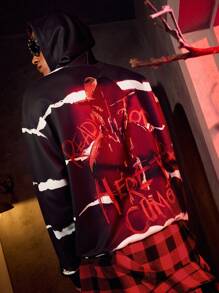 A Nightmare on Elm Street X SHEIN Áo hoodie dáng rộng thoải mái họa tiết kinh dị tối màu và chữ cái cho nam, mùa xuân/thu - màu đen - Xem 2