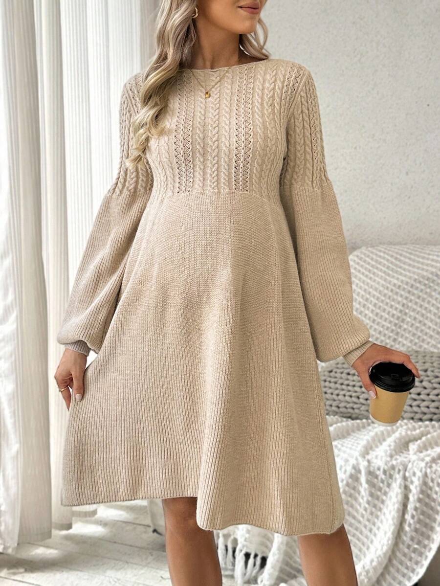 SHEIN 孕妇粗针织喇叭下摆毛衣裙 - 卡其色 - 查看 1
