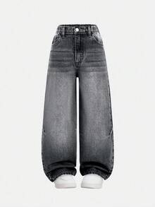 SHEIN Jeans casual comodi con gamba dritta e lavaggio vintage in stile Y2K, nuovi per la primavera/estate 2025, adatti per ragazze adolescenti