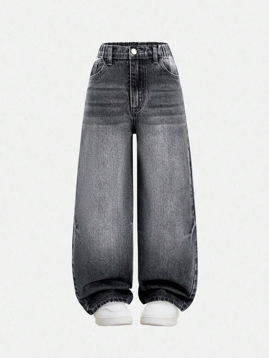 SHEIN Jeans casual comodi con gamba dritta e lavaggio vintage in stile Y2K, nuovi per la primavera/estate 2025, adatti per ragazze adolescenti