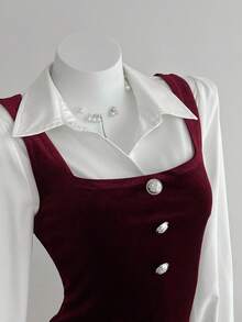 Elamini 2 Stücke Damen Lässig Samt ärmelloses Top und Kleid mit Rüschensaum an den Ärmeln, geeignet für Ausflüge und Zusammenkünfte, Herbst/Winter