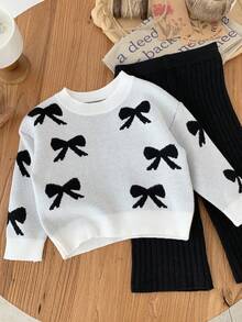 SHEIN Baby Girls Casual Bow Print Sweater & Pants Set,In Fall/Winter