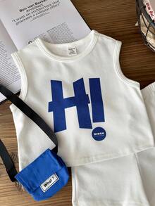 SHEIN 3pcs Baby/Toddler Casual Loose Fit Letter Print Tank Top, Shorts & Bag Set - White - View 6