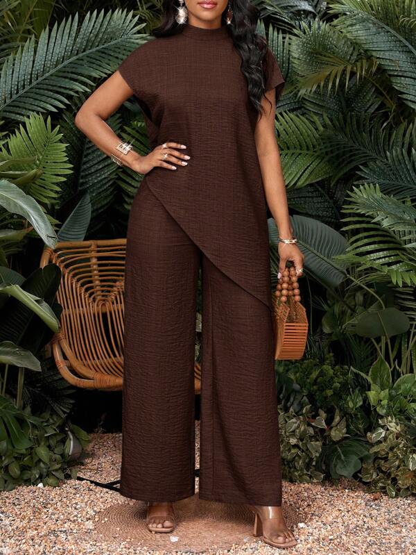 SHEIN Lady 2025 New Women's Brown Minimalist Short Sleeve Top And Pants 2 Pieces Set  Fall Clothes For Women Business Casual Woman Office Outfits For Women Work Outfits For Women Work Clothes Women Fall Outfits Women Church Outfits Women Airport Outfit For Women Classy Outfits For Women Country Outfits Women Business Professional Women Going Out Outfits Work Clothes Lounge Sets For Women Halloween