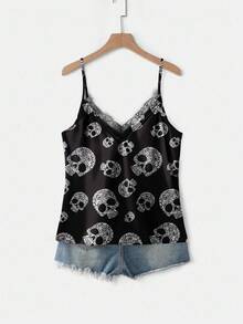 Mellowie 加大码万圣节休闲骷髅印花吊带背心，适合夏季度假、节日、万圣节装扮，性感，蕾丝边骷髅吊带背心，哥特风吊带背心 - 彩色 - 查看 6
