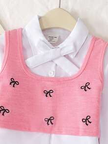 Elladie kids 三件套时尚可爱女童套装：蝴蝶结刺绣背心+系带长袖衬衫+百褶裙，学院风，秋冬款 - 粉色 - 查看 5