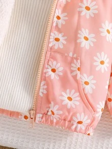 1件女婴秋冬新款印花面料连帽长袖拉链外套，荷叶边装饰，保暖内衬，可爱时尚的冬季外套 - 粉色 - 查看 4