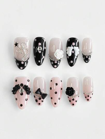 Kawaii 10pcs Dark Style Wing, Music Note, Rose, Bowknot Nail Art Stickers + 3pcs Double-Sided Adhesive, Y2K French Style Rhinestone Chain Polka Dot Detachable Handpainted Nail Stickers, Suitable For Holidays, Parties, Dancing And Daily Wear