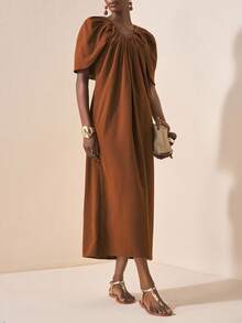 Zivah 2025 Autumn New Arrival Music Festival, Easter, St. Patrick's Day, Western Style, Nomadic Style, Birthday Party, Graduation Season, College Style, Student Wear, Daily Casual, Basic Versatile, Leisure, Vacation, Cruise Travel, Beach, Sunbathing, Viral , Streetwear, Wedding Guest Boho Style, Commuter Style, Brunch Outfit, Airport Outfit, Ruched Shoulder Cape Sleeve V-Neck Maxi Dress In Burgundy