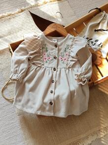 SHEIN Vintaside Kids 1pc Baby Girls' Casual Embroidered Dress, Spring/Autumn, Elegant Mori Style Fall Winter - Apricot - View 7