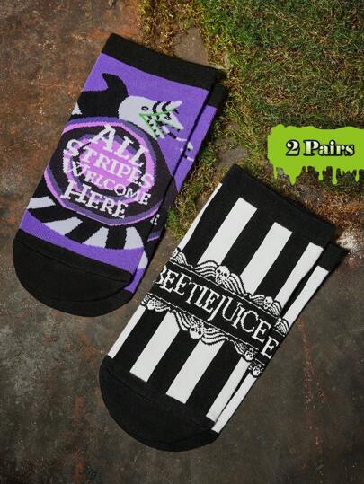 Beetlejuice X SHEIN 2 Pairs Men&Women Soft&Breathable Moisture-Wicking Casual Ankle Socks With Pattern Fashionable And Cute Black&White&Purple Short Socks Reinforced Toe & Heel For Durabiliy Unisex For Men & Women All Season All-Match Summer Winter,Goth