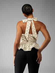 MISSGUIDED Polka Dot Halter Top Peplum Blouse Summer Retro V Neck Bubble Hem Sleeveless Blouse Fashion Party Evening Casual Peplum Top